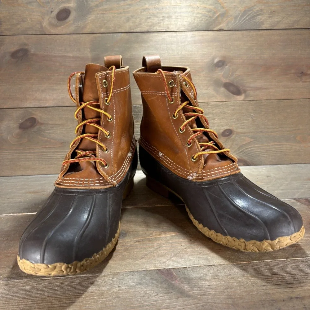LL Bean Duck Boots Mens size 10 shoes Tan Leather Waterproof Lace Up winter rain